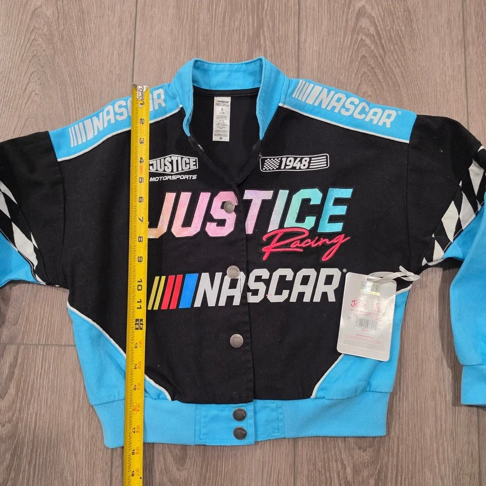 Justice x NASCAR Girls Racing Jacket Black Blue Snap Front Bomber Size S 7-8 NEW